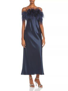 Cinq à Sept Cerise Satin Feather Trim Midi Dress